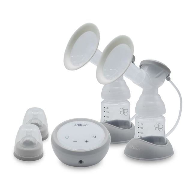 Flöw: Portable Double Electric Breast Pump with two clear 140 ml bottles featuring measurement markings, connected to white breast shields with soft silicone rims, a compact grey and white control unit with power and mode buttons, and two additional bottle caps on a white background.