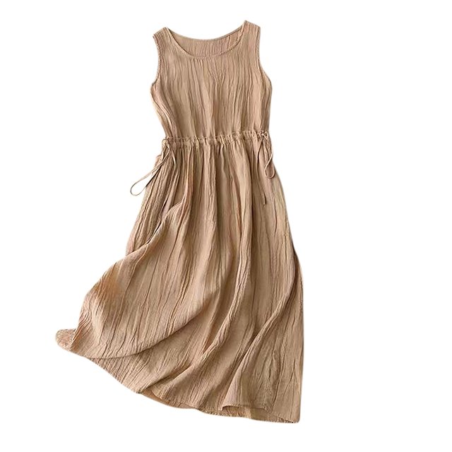 FAIWAD Robe Débardeur en Coton et Lin pour Femme Été Sans Manches à Cordon à la Taille Robe d'Été Décontractée à Col Rond Robes Maxi