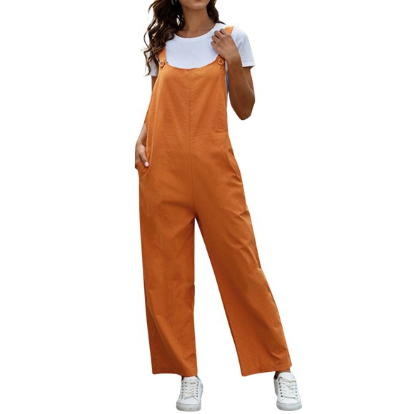 Solid Women'S Jumpsuit Retro Casual Pocket Long Wide Leg Lace Up Women'S Jumpsuit Women'S Jumpsuit Orange M