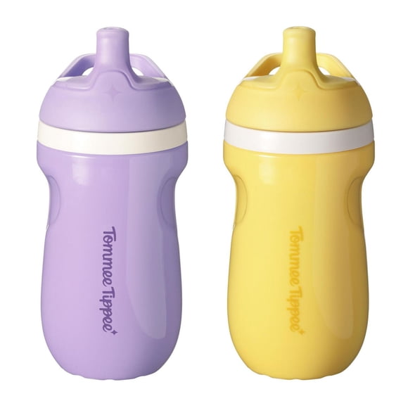 Tommee Tippee Insulated Sporty Spout Bottle, 2x9oz, 12 Months +, No Spill Toddler Water Bottle, Two-Piece Valve Helps Stop Spills, Yellow and Purple