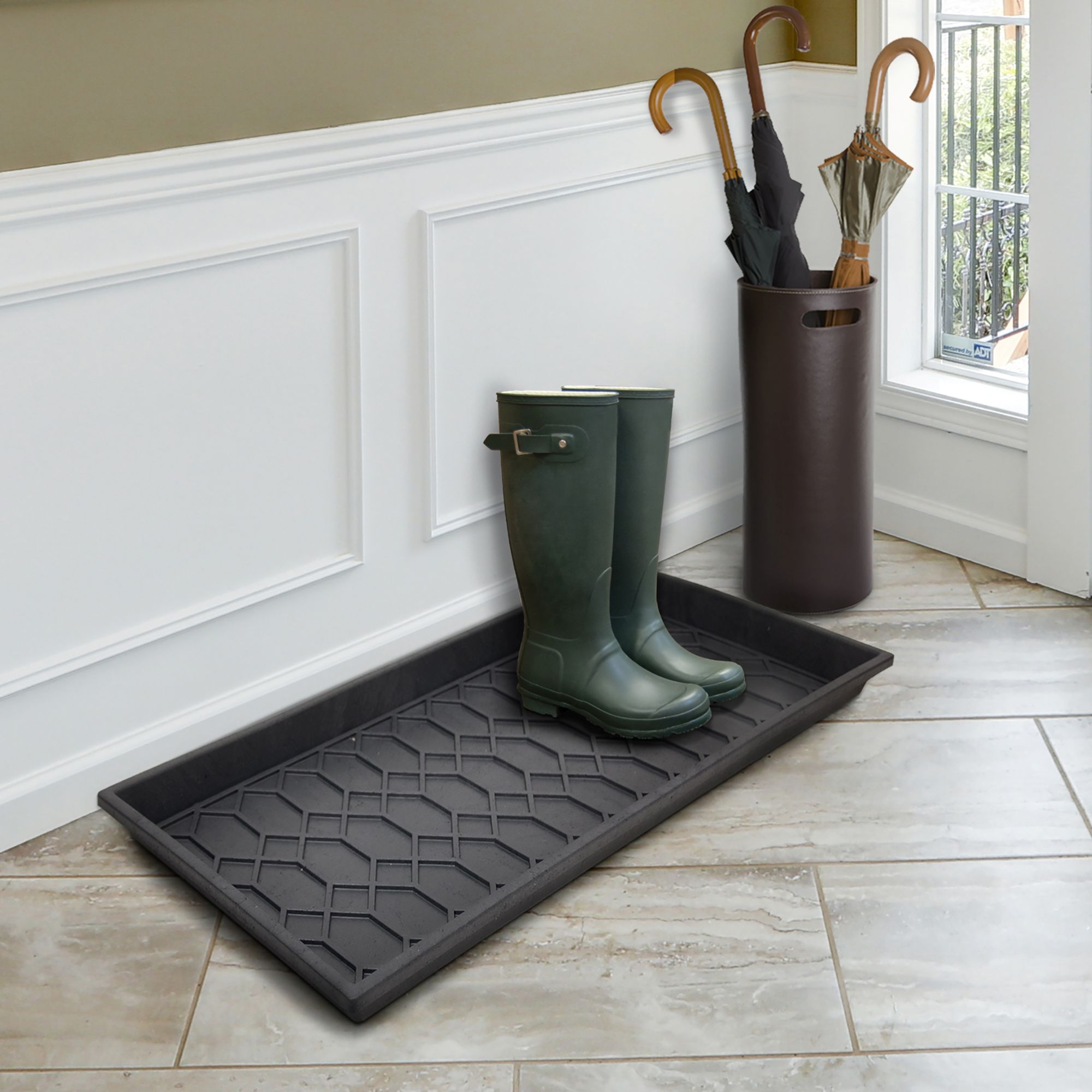 Mainstays Manor plateau à bottes 17 x 35, bords surélevés, imperméable, motif géométrique noir, pour entrée, vestibule, garage