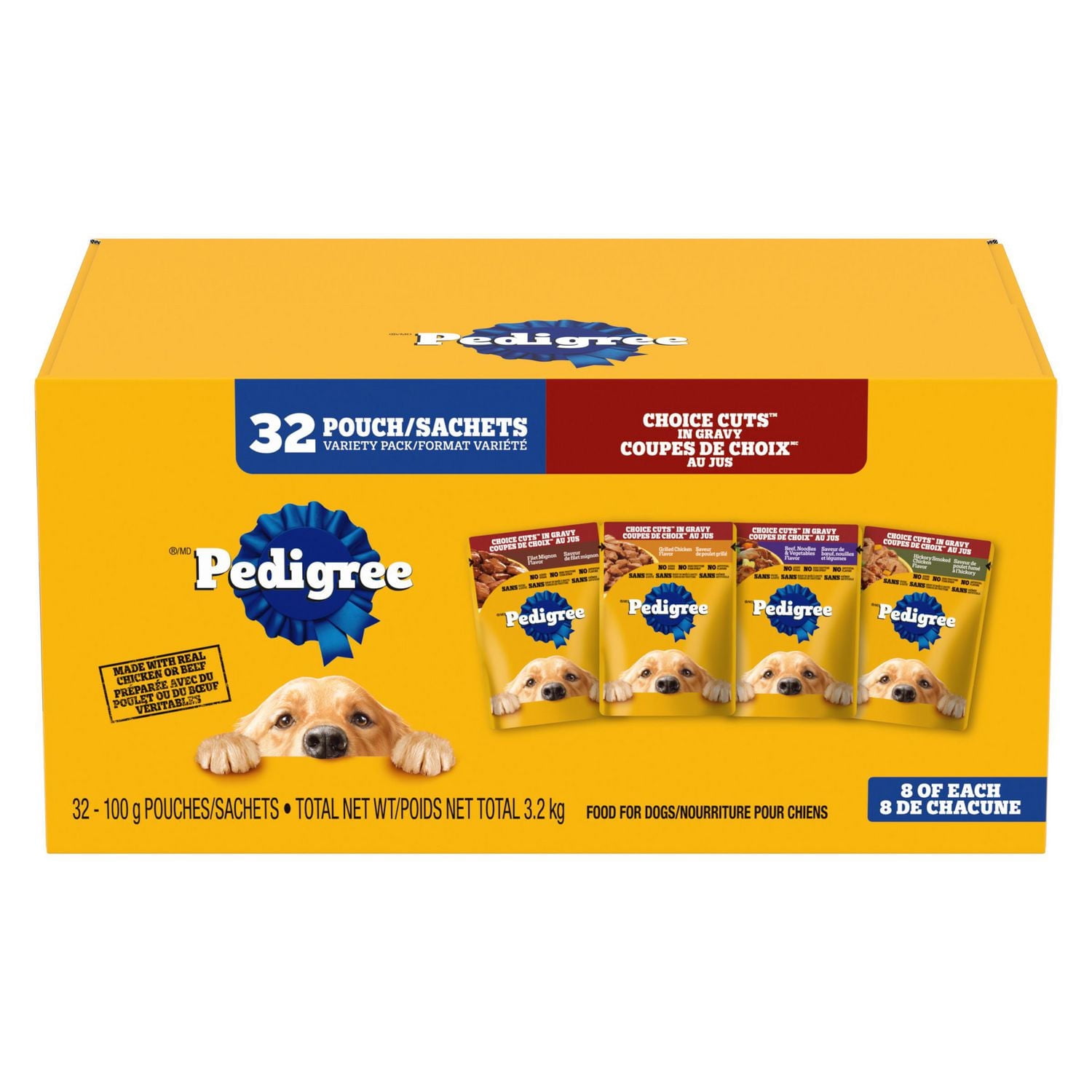 Pedigree Adult Wet Dog Food Choice Cuts in Gravy Filet Mignon, Beef Noodle & Vegetable, Grilled Chicken Flavour, Hickory Smoked Chicken Flavour Variety Pack Pouch 3.2KG