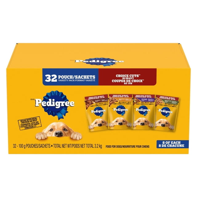 Pedigree Coupes de choix d'aliments pour chiens mouillés adultes dans le filet de graisse Mignon, nouilles de boeuf & Légumes, Arômes de poulet grillés, Aromates fumées de poule Hickory 3.2KG