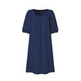 thumbnail image 4 of Mrat Robe en Coton et Lin pour Femmes Vêtements Décontractés Couleur Unie Col Carré Manches Mi-Longues Robe Ample Courte P-42 Bleu m, 4 of 4