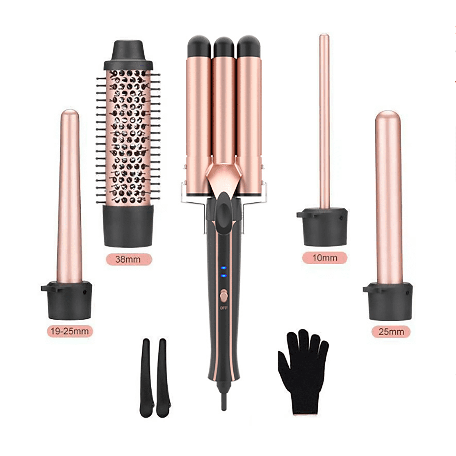 Hair Curling Iron, 5 in 1 Curling Wand Set with Thermal Brush and 4 Interchangeable Ceramic (0.35-1.5 Inch), 3 Barrel Hair Crimper, Long Lasting Curls, Hair Waver Curler with Glove & 2 Clips