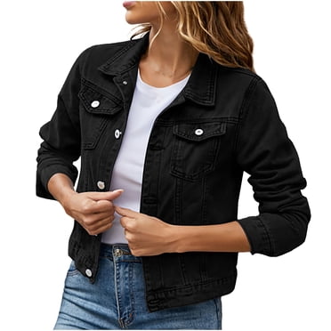 HWRETIE Women's Denim Jacket Long Sleeve Cardigan Coat With Pockets Casual Button Outerwear Top For Spring Fall