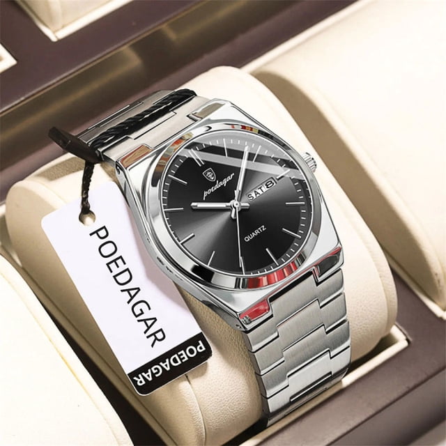POEDAGAR Montre de Mode pour Homme à Quartz Noir en Acier Inoxydable Analogique Étanche Lumineuse avec Date