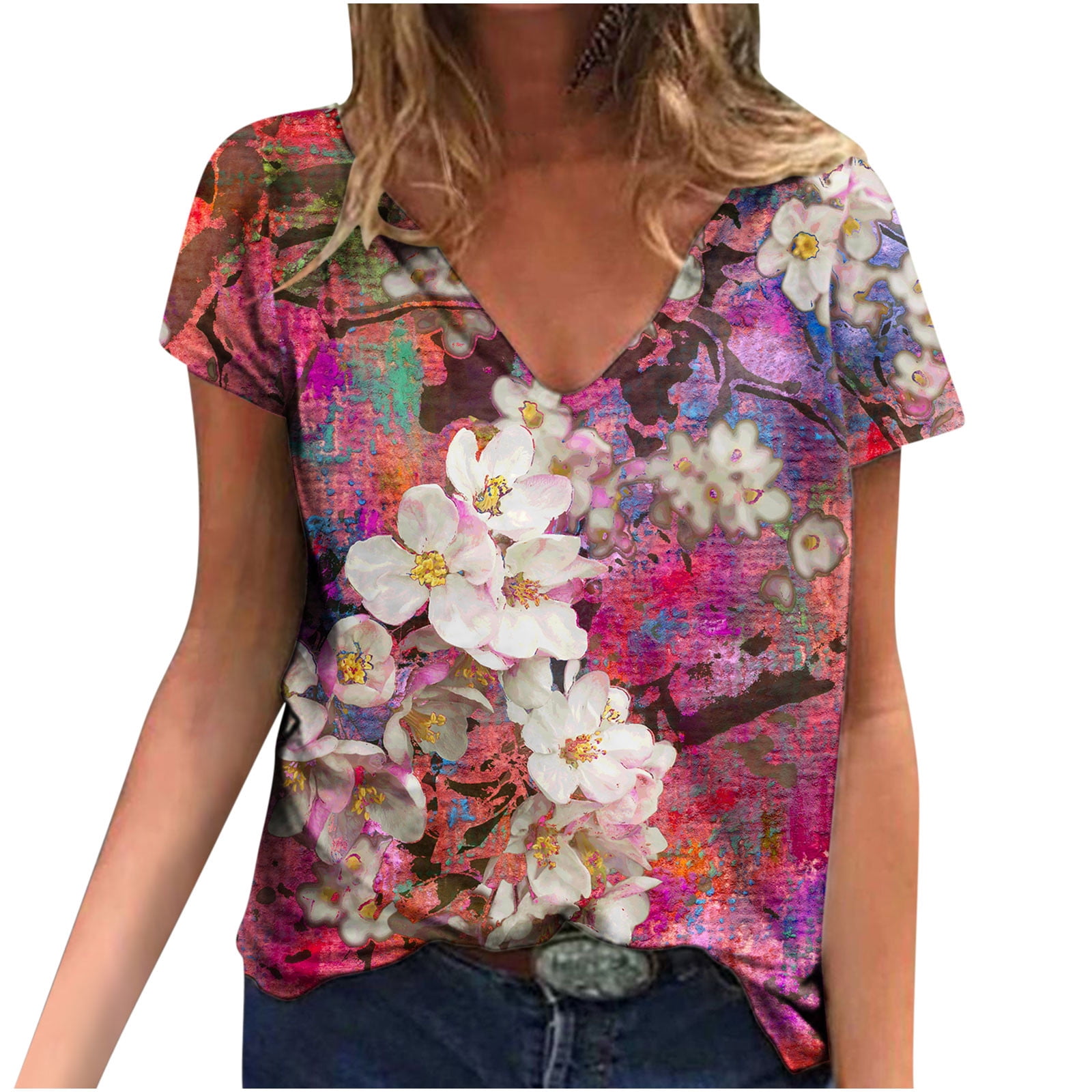 Hauts d'Été pour Femmes Manches Courtes Femmes Blouse d'Été Imprimée T-Shirts Décontractés Col en V Manches Courtes T-Shirts Hauts
