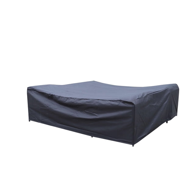 Waterproof patio cover 91 inch square in grey heavy-duty polyester fabric with PE coating, designed to protect outdoor furniture from rain, snow, wind, and UV rays, featuring a fitted rectangular shape with secured edges and a tie to hold it in place, suitable for all-season weather protection.