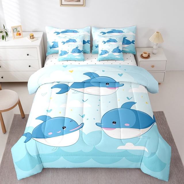 YST Cartoon Dolphin Comforter Set with Sheets, Marine Life Theme, Polyester, 7-Piece, Full Size
