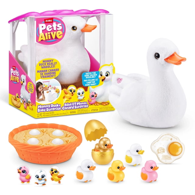 Pets Alive Mommy Duck & Baby Surprise by ZURU Nurturing Play Surprise Interactive Girls' Toy featuring a white plush Mommy Duck with an orange beak and pink heart on her wing, a basket with four white eggs, a golden cracked egg with a rare golden duckling, five attachable baby ducklings in white, yellow, and pink, and a white egg-shaped accessory with a yellow yolk. Mommy Duck quacks and waddles, with baby ducklings that attach to her tail and follow her.