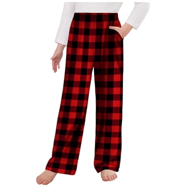 lcziwo Pantalon Taille Haute pour Filles Pantalon de Pyjama à Carreaux pour Filles Pantalon Long de Sommeil Bas de Pyjama Doux de Détente avec Poches pour 4-13 Ans Liquidation Rouge, 4 Ans