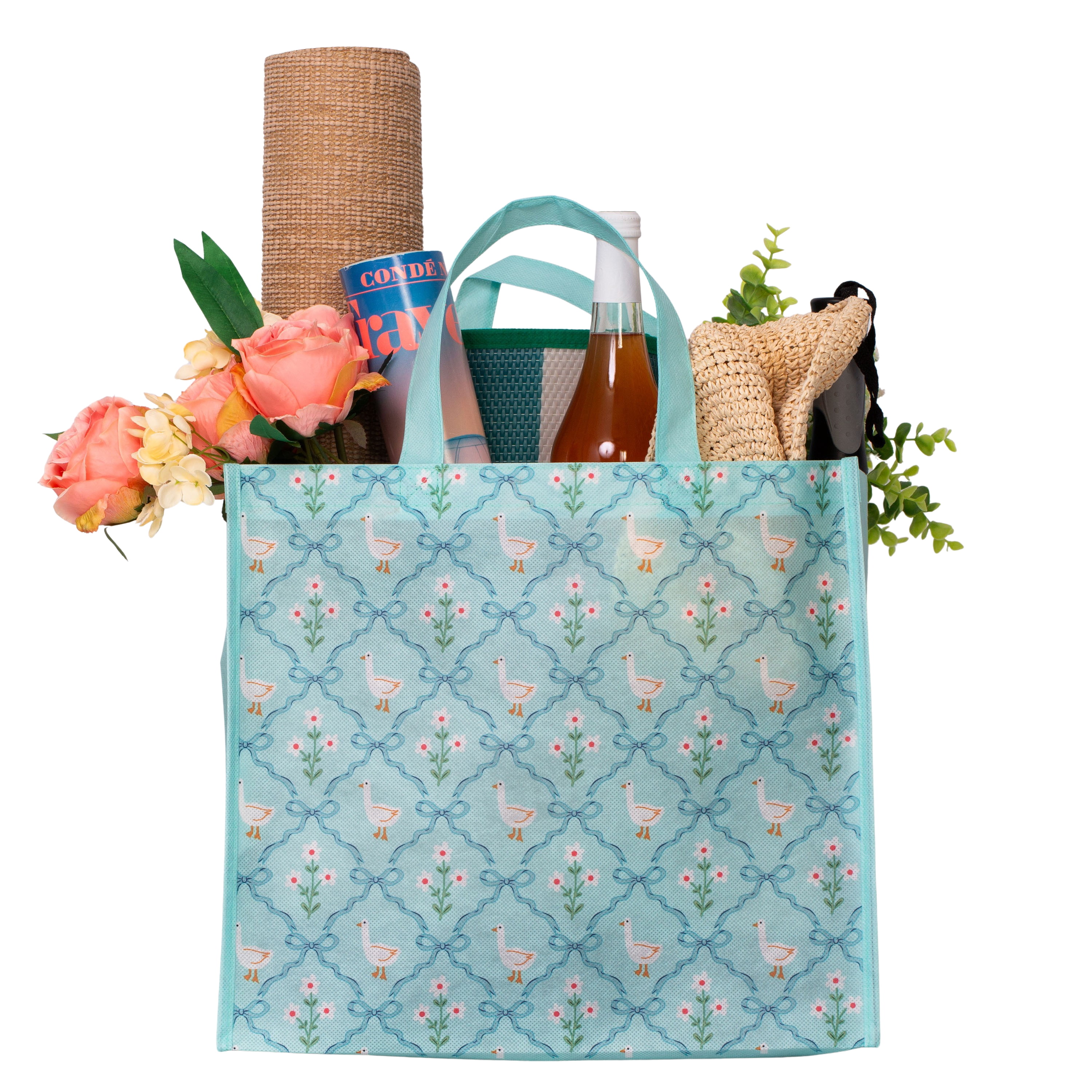 Sac De Courses Réutilisable Sur Le Thème Du Printemps Avec Porte-Bouteille – Sac À Provisions Avec Poignées Réutilisable, Sac d’épicerie Multifonction