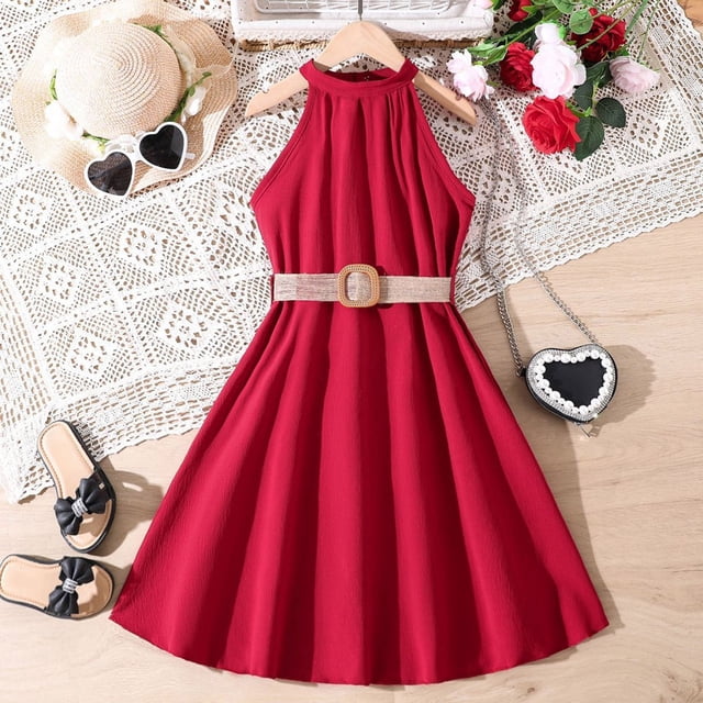 YOUSNH Robe Princesse Unie Sans Manches pour Tout-Petites Filles, Robe de Danse Fête, Vêtements, Robes pour Filles, Rouge, 7-8 Ans