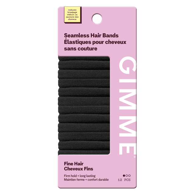 Gimme Beauty Seamless Hair Ties for Fine Hair, 12 black elastic ponytail holders on pink card packaging with bilingual English and French text stating firm hold, long-lasting comfort, and breakage reduction, ideal for delicate hair and everyday use.