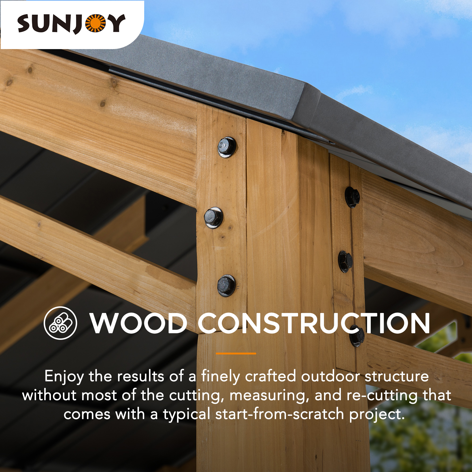 Sunjoy Gazebo en bois 13 pi x 11 pi Abri d'auto à toit rigide Abri d'auto robuste avec toit en acier et structure en bois, gazebo à toit à pignon en cèdre pour voitures et équipement d'extérieur