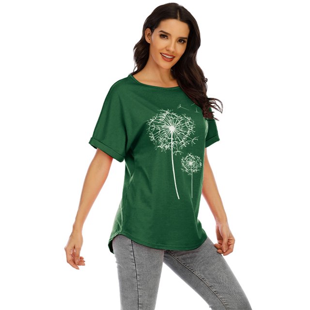 LUXUR Femmes Été Tops Pissenlit Impression T-shirt Manches Courtes T-shirt Mode Pull Col Rond Tee Green M