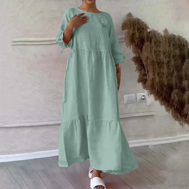 Gspmoly Robes pour Femmes, Robe Décontractée en Lin Uni à Col en V pour le Printemps et l'Été avec Poches et Manches Longues, Robes de Cocktail pour Femmes Offres du Jour