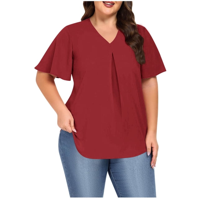 Frostluinai Women's Tops Plus Size Ruffle Short Sleeve Tunic Shirts V Neck Pleated Tshirts Solid Color Flowy Blouses Lightweight Going Out Tees