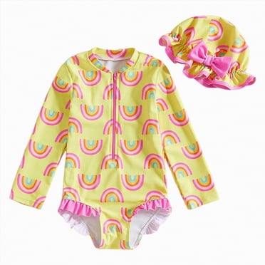 Gubotare Girls Long Sleeve Swimsuit Girls Long Sleeve One Piece Swimsuit Full Coverage Beach Sunsuit Swimwear with Zipper Size 6-7 (Yellow,6-7 Years)