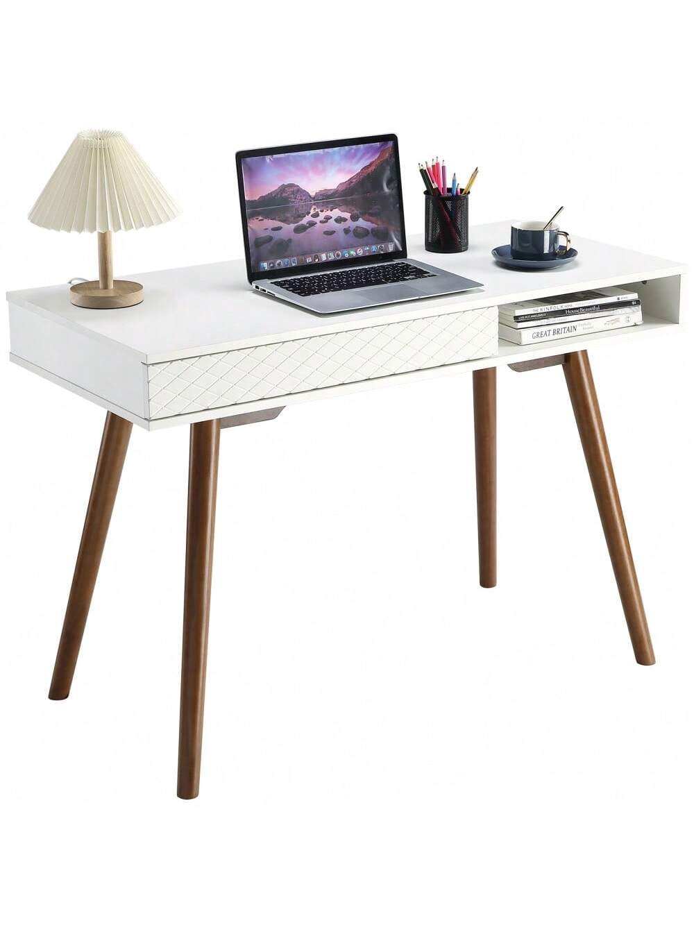 QinaQin Modern Simple Home Office Desk Mid-Century Modern Computer Writing Desk with Drawer Solid Wood Legs and Open Storage Cubby Small Vanity Table for Bedroom