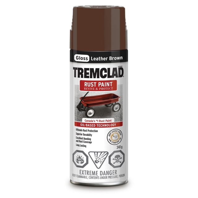 Tremclad® Peinture et Apprêt en Aérosol Antirouille à Base d'Huile, 340 g en Brun Cuir Lustré, Formulé pour le Métal avec une inhibition de la Rouille Supérieure, une Excellente Couverture et un Vaporisateur pour Tous les Angles pour une protection durable.