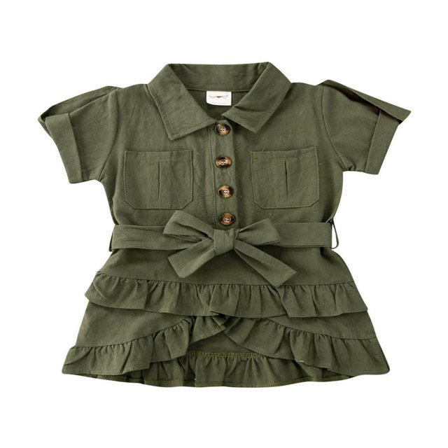 Summer Toddler Kid Baby Girl Short Sleeve Button Dress Party Ruffle Dress