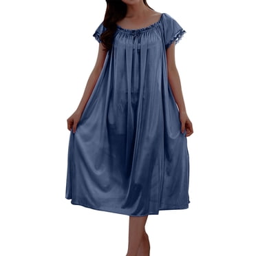 Timegard Chemises de Nuit pour Femmes Col Rond Manches Courtes Chemises de Nuit Décontractées Smockées Nœud Uni Tenue d'Intérieur
