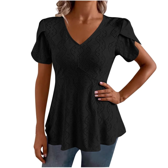 Liquidation! Hauts Grande Taille pour Femmes, Blouse à Manches Courtes d'Été pour Femmes, Mode Décontractée à Manches Courtes Unie Col en V Blouse