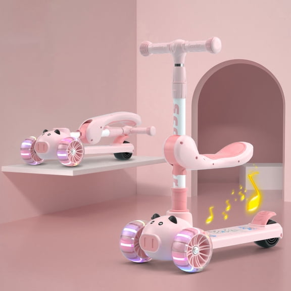 Trottinette à 3 Roues Hauteur Réglable avec Musique Lumière Trottinette Pliable à Propulsion pour Enfants Garçons Filles Rose