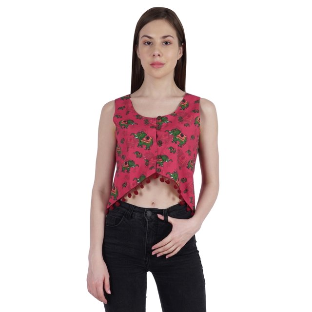 Moomaya Crop Top à Franges Imprimé pour Femmes, Blouse d'Été Sans Manches à Boutons