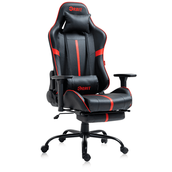 Hdcanada Orbit Series Chaise de Jeu Style Course, Chaise Ergonomique Inclinable en Cuir avec Repose-Pieds et Soutien Lombaire Massant - Rouge