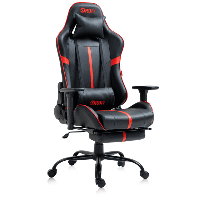 Hdcanada Orbit Series Racing Style Gaming Chair, Reclining Ergonomic Leather Chair with Footrest & Massage Lumbar Support - Red