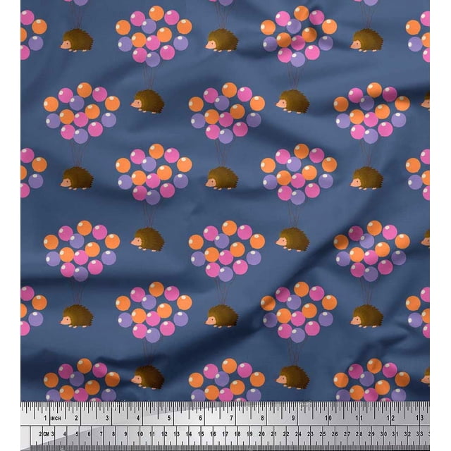 Soimoi Poly Crepe Fabric Balloon & Hedgehog Kids Print Sewing Fabric Yard 42 Inch Wide