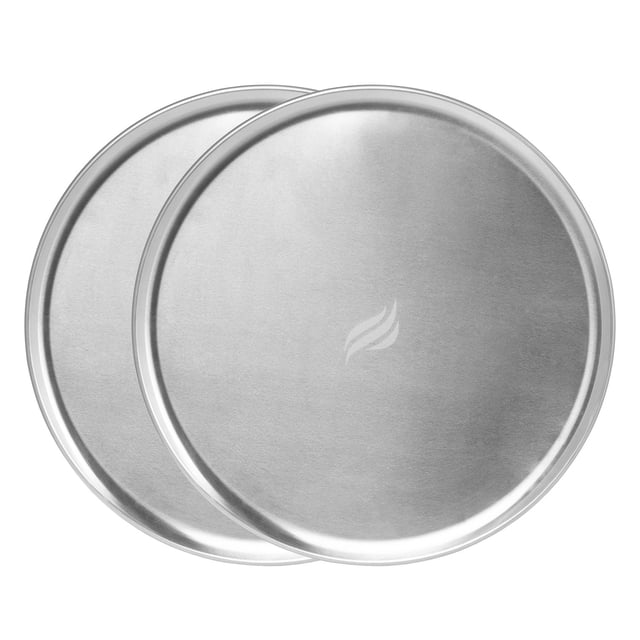Blackstone Pizza Pan, 2 Pack, two 14-inch aluminum pizza pans with smooth surfaces and raised edges, designed for even baking in kitchen bakeware and often used for preparing flatbreads or roasting vegetables.