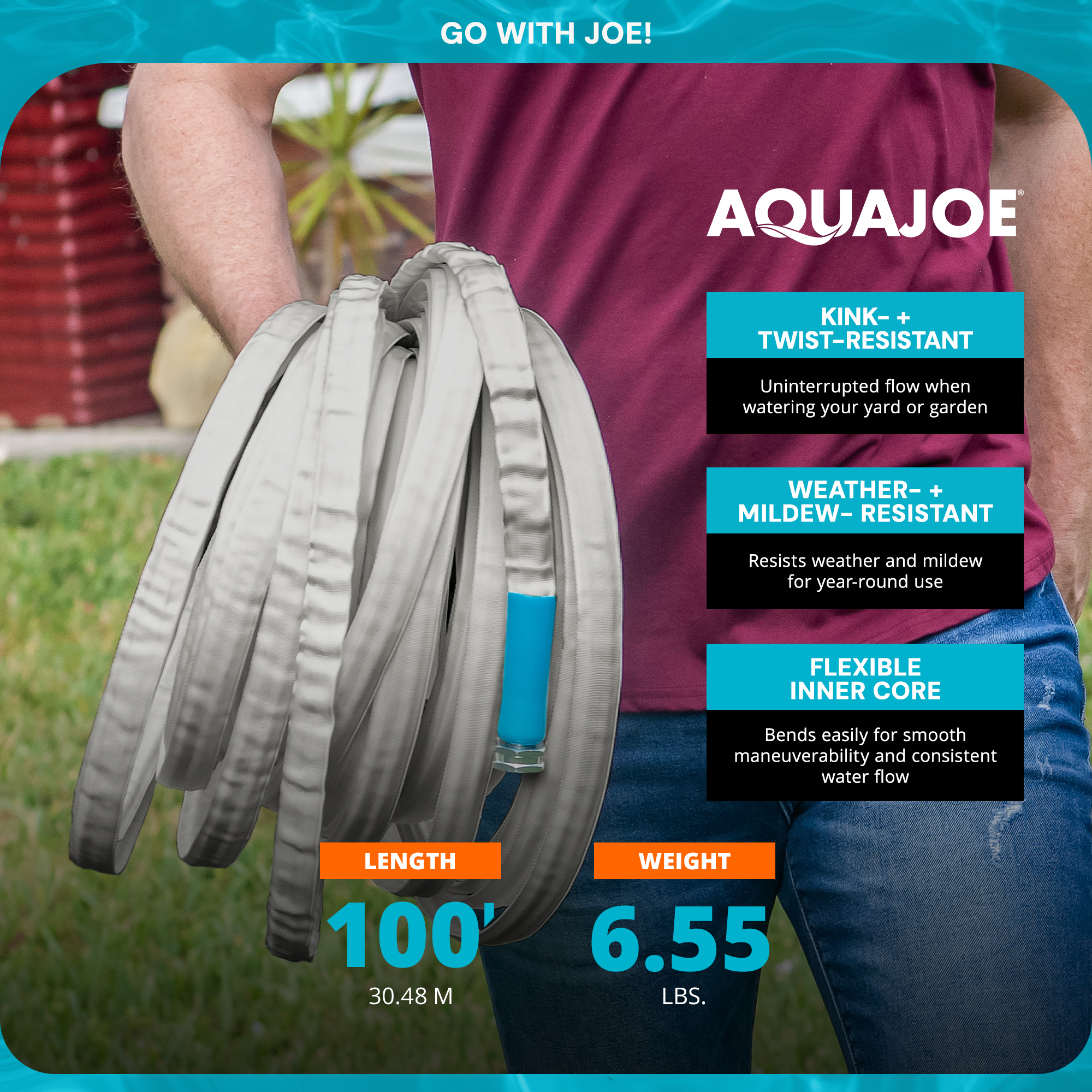 Aqua Joe 100 Ft,1/2In,FiberJacket,Kinkfree Garden Hose,Aluminium Fittings,600 PSI Rating