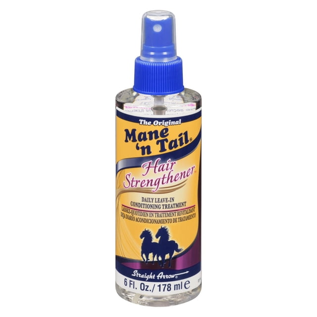 Hair Strengthener by Mane 'n Tail, a 6 fl. oz. clear spray bottle with a blue nozzle and yellow label, formulated as a daily leave-in conditioning treatment to nourish, repair, and protect hair from heat and chemical damage for stronger, healthier hair.