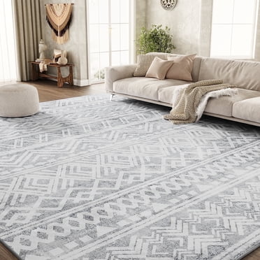 SIXHOME Tapis de 9 Pieds X 12 Pieds pour Salon Tapis Lavables Boho Grand Tapis Moderne Géométrique Neutre Tapis et Carpettes pour Déco de la Maison Pliable Antidérapant Tapis de Chambre Gris