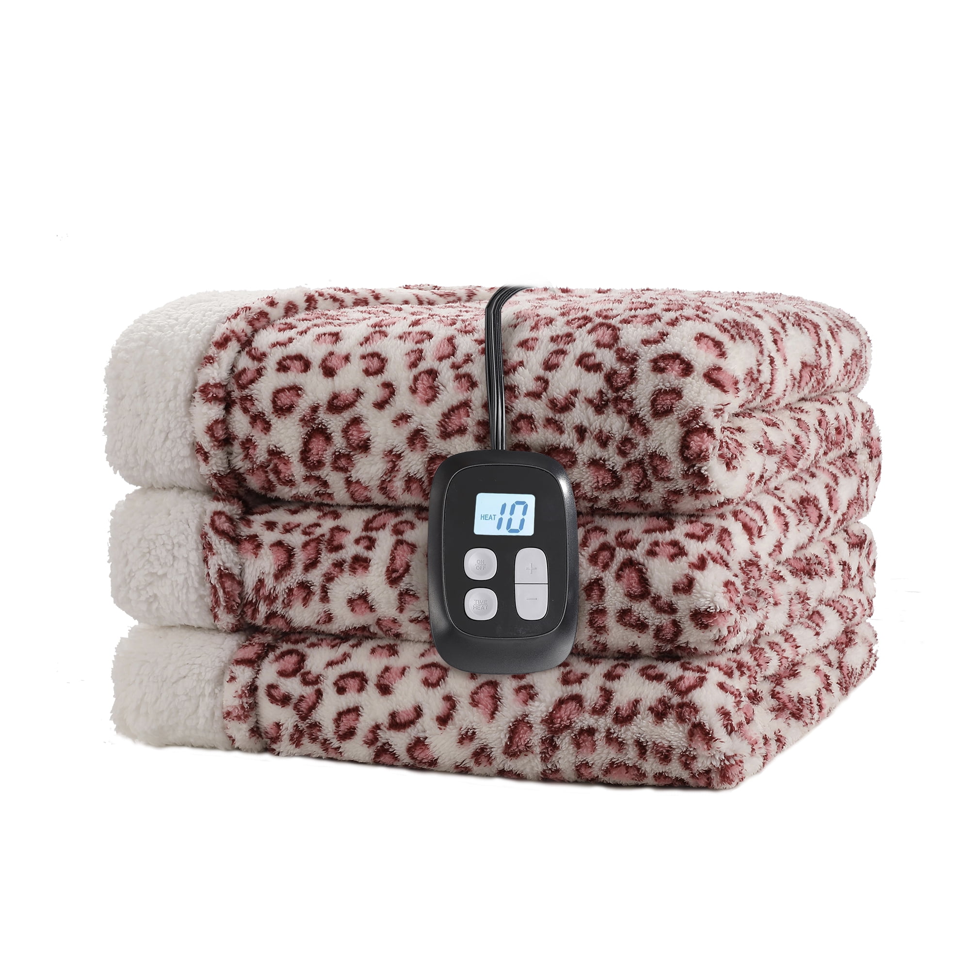 SUNNY HEAT Heated Electric Blanket Full Size 72' 'x 84'' 6 Heating Levels & 1-10 Hours Auto Off, Leopard Pink & White
