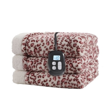 SUNNY HEAT Heated Electric Blanket Full Size 72' 'x 84'' 6 Heating Levels & 1-10 Hours Auto Off, Leopard Pink & White