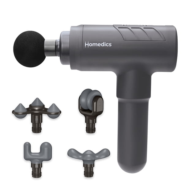 Homedics Therapist Select Percussion Deep Tissue Massage Gun with 5 attachments, shown in a sleek grey design. The image displays the massage gun with its ergonomic handle and one-touch LED controls, alongside five interchangeable attachments: a single ball for full-body use, a forked attachment, a flat head, a pointed multi-tip, and a dual roller. Ideal for customizable deep tissue massage with five intensity settings and a rechargeable USB-C design.