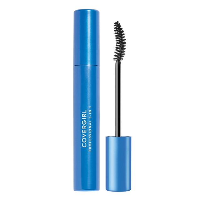 COVERGIRL Professional 3-in-1 Mascara in a blue cylindrical tube with white text, featuring a curved black brush applicator for volume, length, and definition, hypoallergenic and suitable for sensitive eyes, shown on a white background.