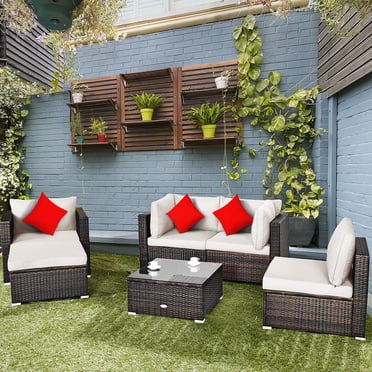 Costway Ensemble de Mobilier de Patio en Rotin 6 Pcs Coussin Canapé Table Basse Ottoman Blanc