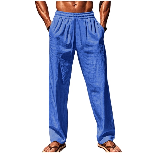 Royal Blue Spandex Faux Linen for Man Fall Summer Lounge Ruched Paperbag Straight Leg Elastic Waist Basic Long Leg Pants Man 2025 Clothes Regular Fit XL