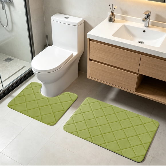 Bathroom Toilet Rug Set 2-Piece - U-Shape Non Slip Latex Mat Absorbent Quick-Dry Floor Carpet Soft Microfiber Velvet Fleece Washable, Green, JKODE