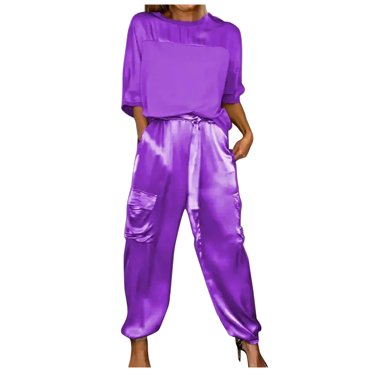 Fgnfyis Ensemble pour Femmes en Satin Lisse à Manches Mi-Longues Haut et Pantalon Ensemble de Pyjama en Satin d'Été Décontracté pour Femmes Ensembles Deux Pièces pour Femmes Ensembles de Pantalons pour Femmes Violet TTTTG