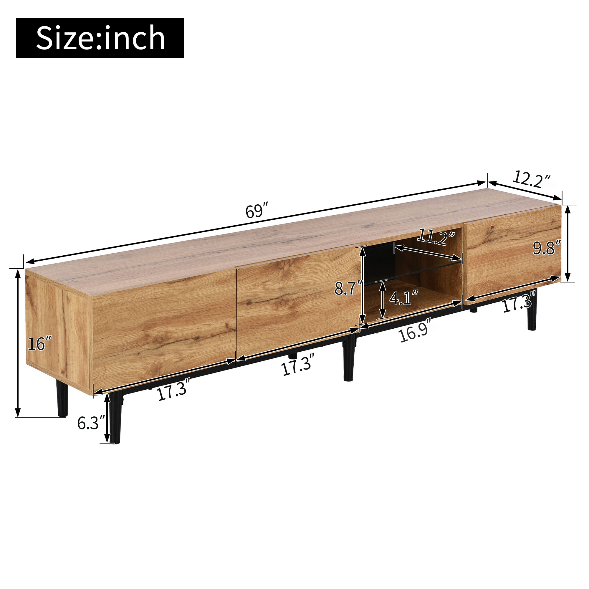 Noble House Meuble TV Moderne 69 Pouces, Console Multimédia LED Ajustable en Bois avec 3 Armoires, Grand Rangement, Naturel