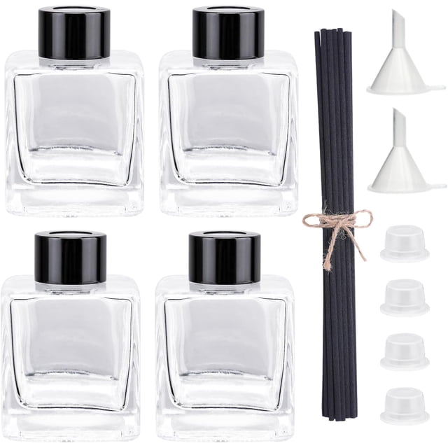 Agidea 4PCS Glass Diffuser Bottles, Refillable Square Shape With 20pcs Reeds Sticks, Black Caps & Funnel, 3.3" High 100ml 3.52 fl oz. Jars for Home Oil Fragrance Decoration