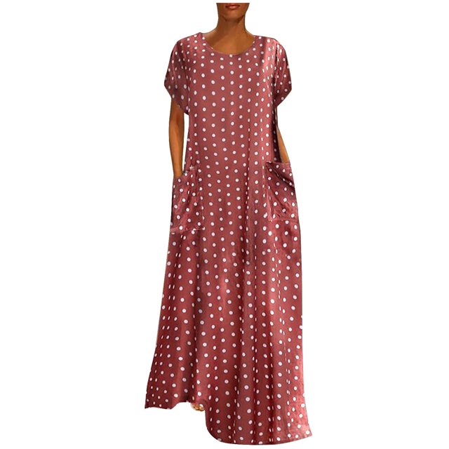 Fridja Robes Maxi à Manches Courtes Amples pour Femmes Grande Taille avec Poches et Imprimé à Pois
