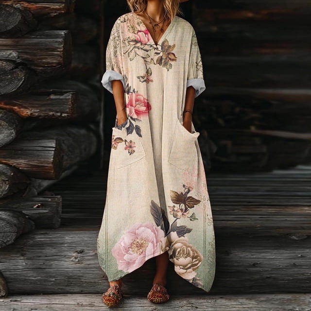 Heisall 2026 Printemps Été Bohème à Imprimé Floral Robe Maxi en Lin Col en V Manches Chauve-Souris Caftan Ample Robes avec Poches